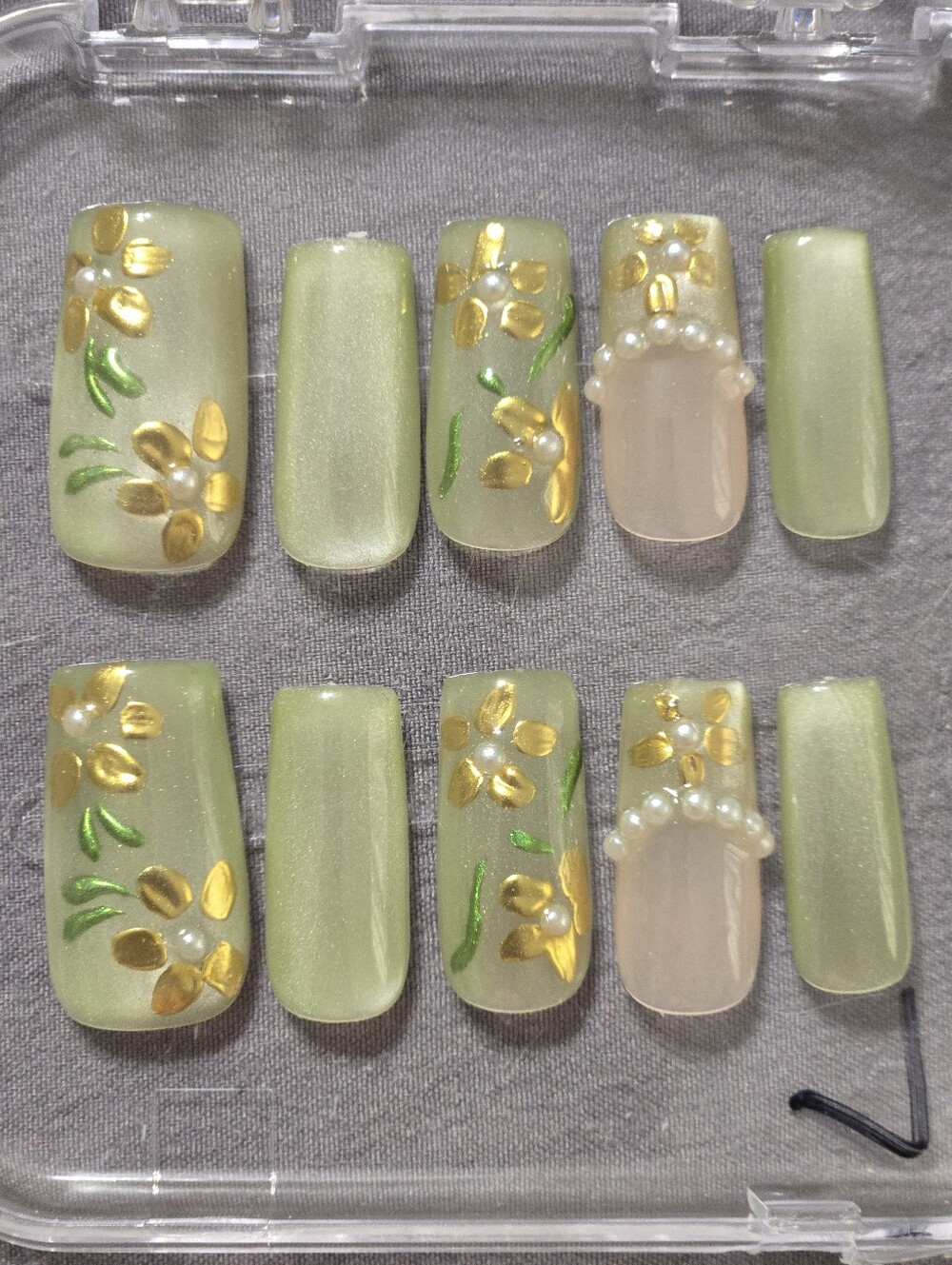 Green Floral Press-On Nails, Gold W/Pearls, Elegant, Chic, Square Medium Length